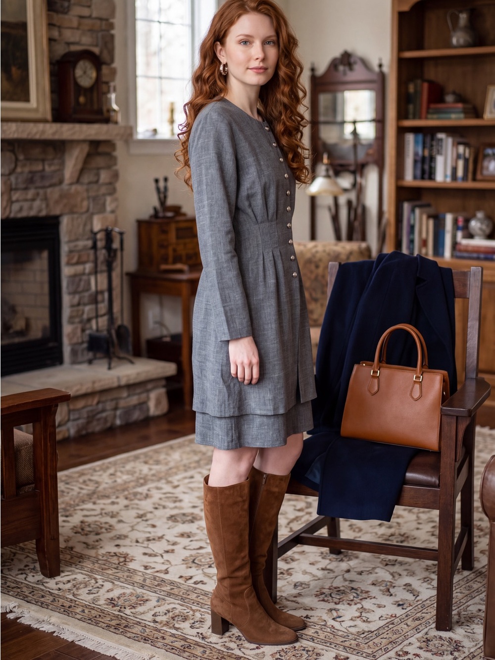 Studio C Vintage long sleeve dress in textured heather finish metallic buttons